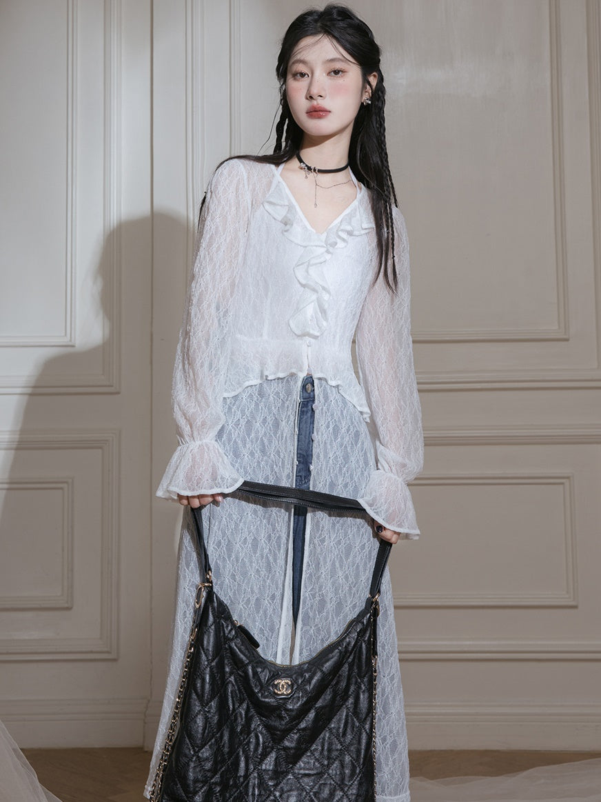 Lace V-neck Sheer Dress & Halter-neck Camisole Set-up