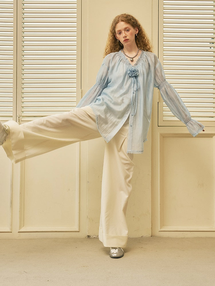 Gather V-Neck Lace Stitching Sheer Shirt
