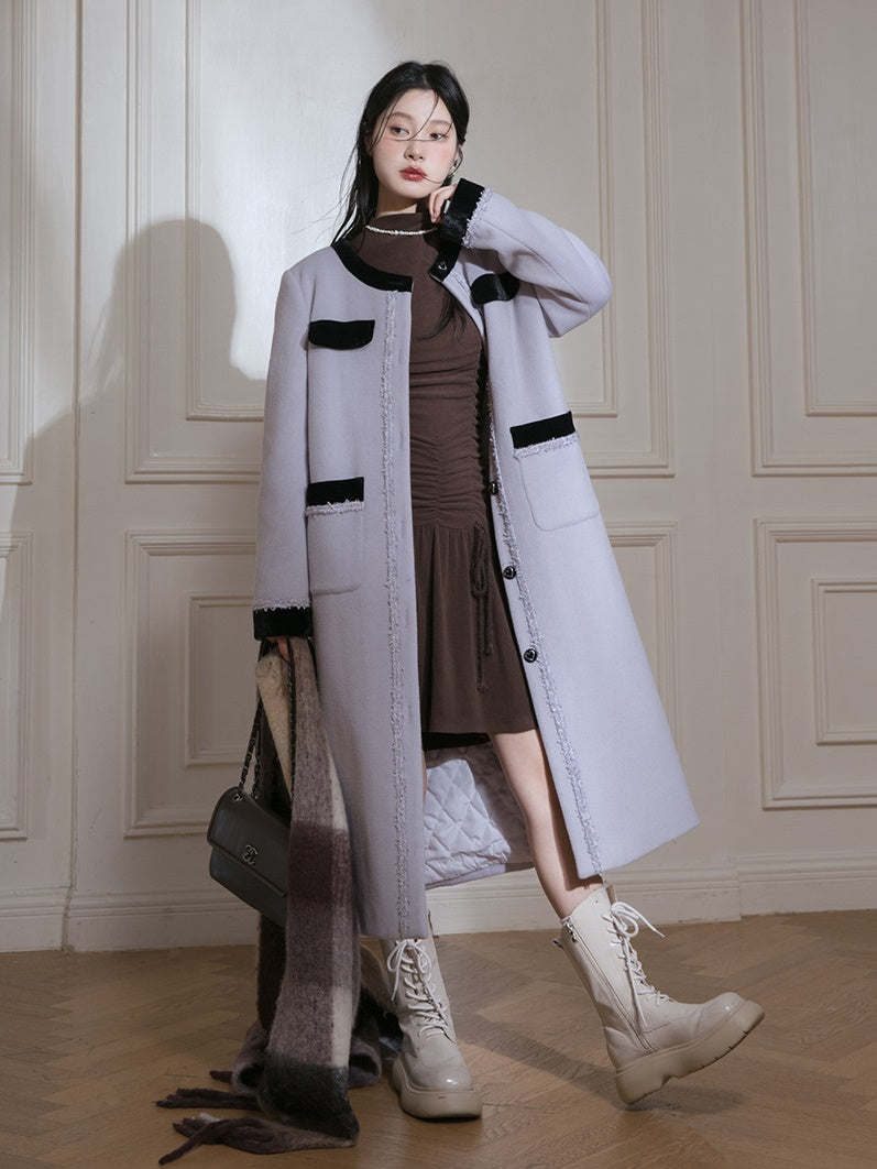 Contrast Color No-Collar Long Jacket & A-Line Skirt