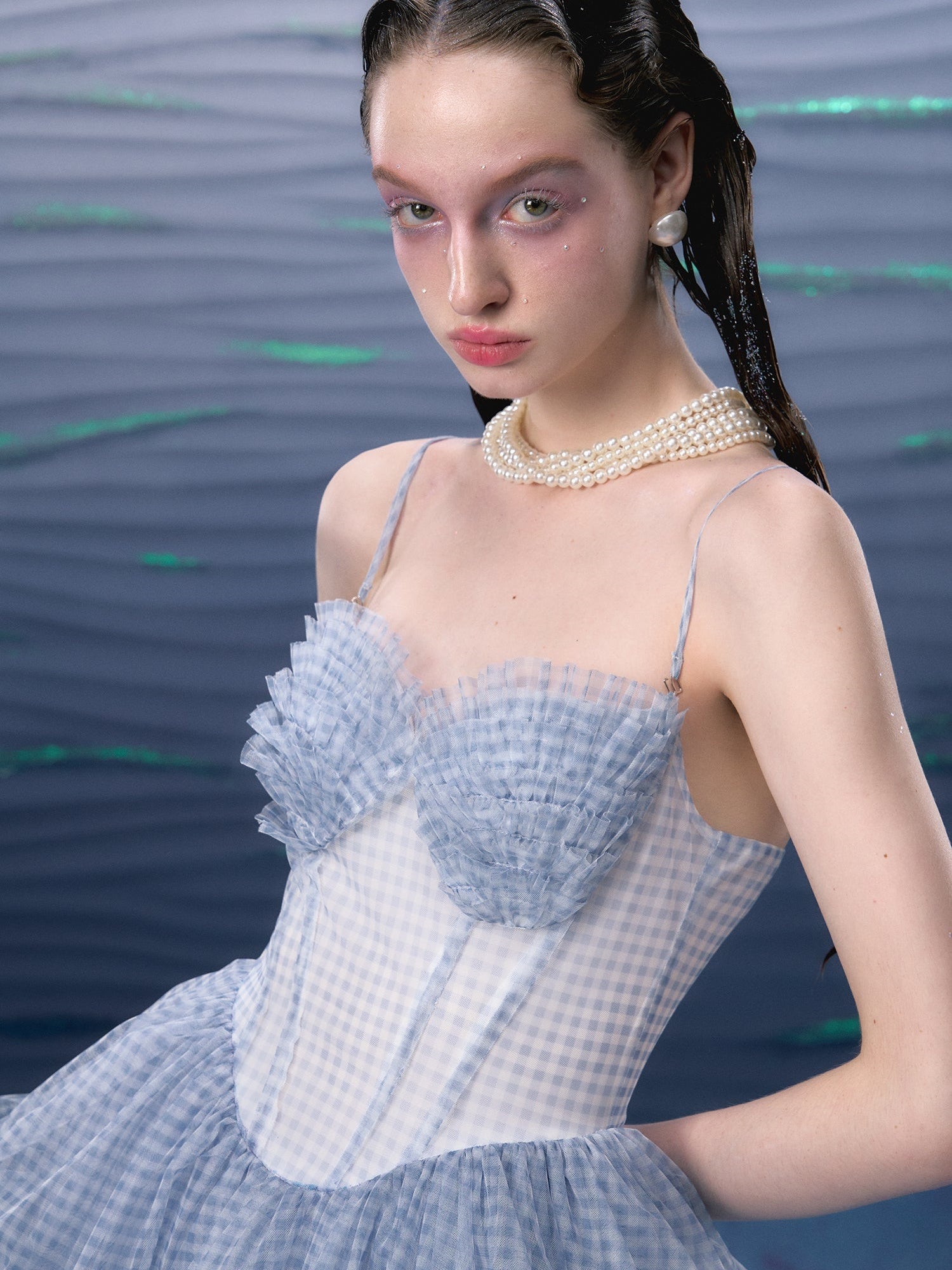 격자 무늬 메쉬 투투 서스펜더 드레스 & 레이스 진주 코르셋