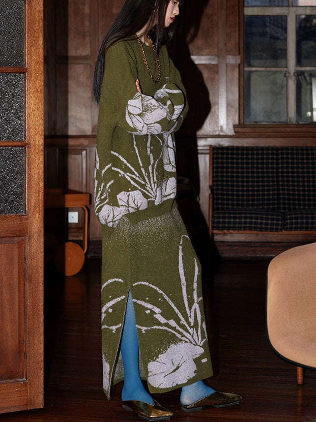 Lose Blume Jacquard Strickpullover & Rock