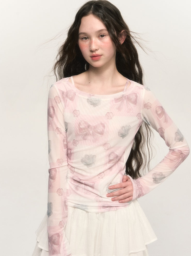 Girly Bow Print Elastic Mesh T-shirt