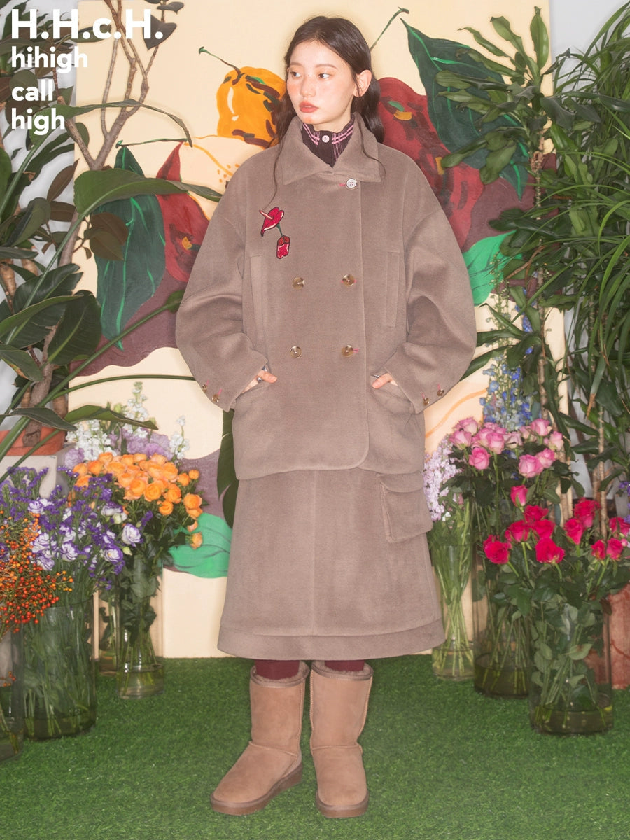 Cherry Embroidered Double Button Coat & Skirt
