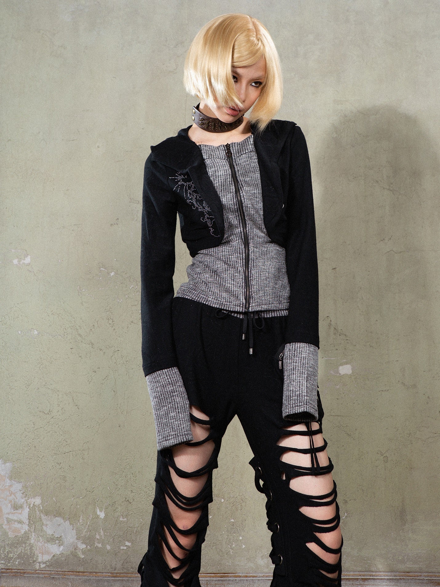 Hooded Knitted Switching Slim Cardigan