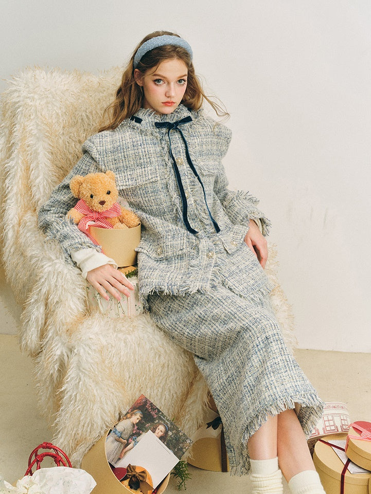 Loose Silhouette Tweed No-Collar Jacket & Mid-Length Skirt