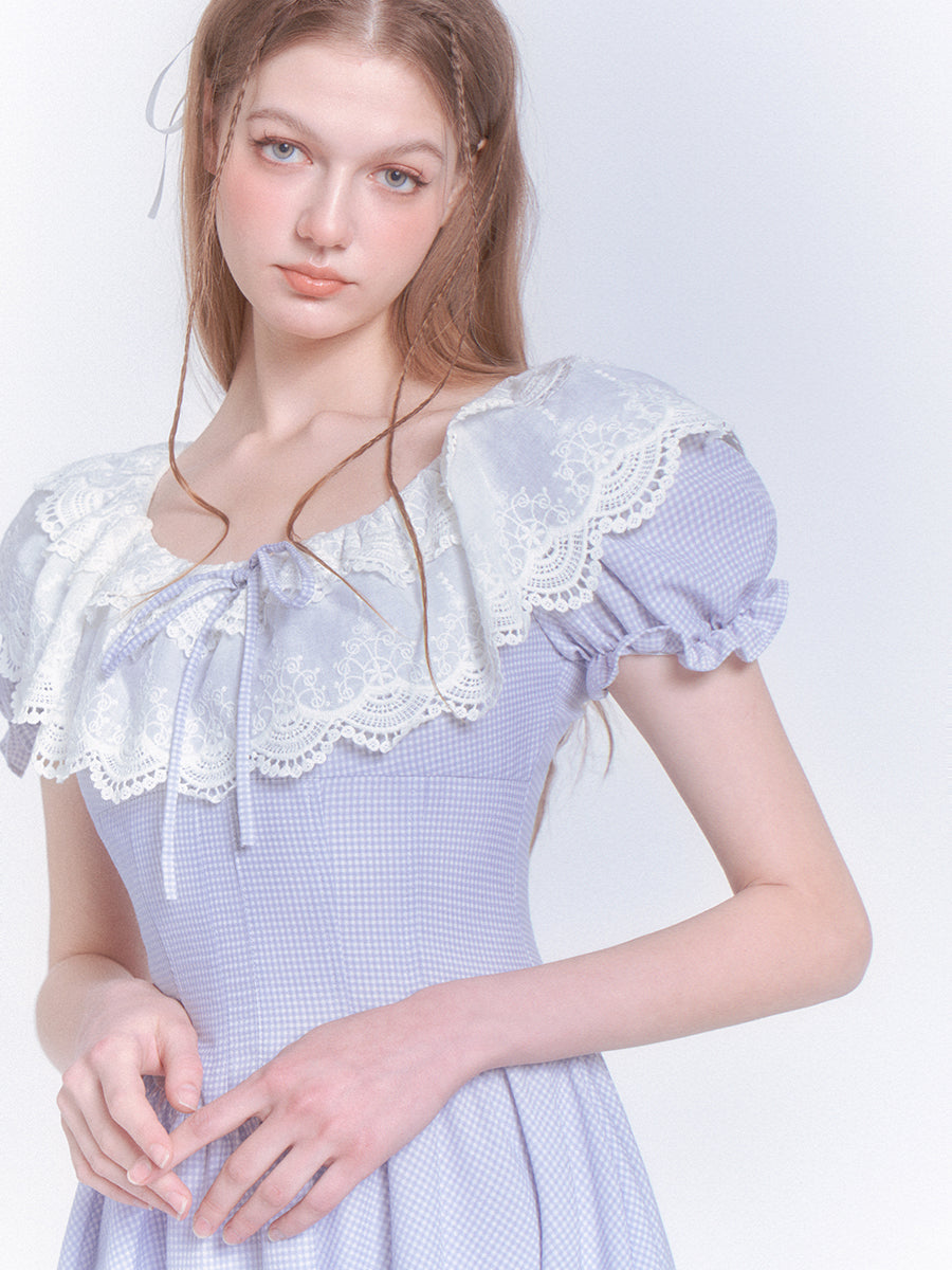 Netzspitze Stickerei Prinzessin Puffärmel Kleid