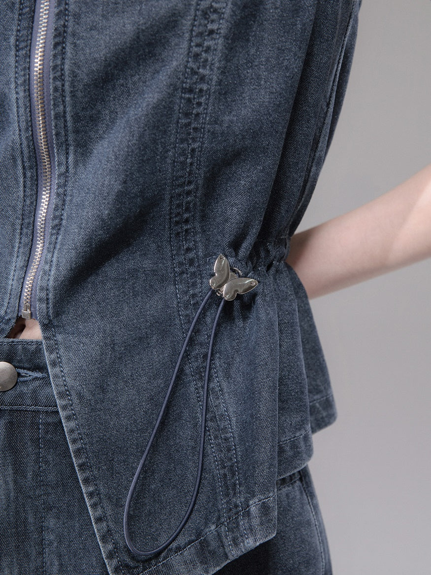 Double Strap Lace Stitch Denim Camisole & Wide-Leg Jeans Set-up