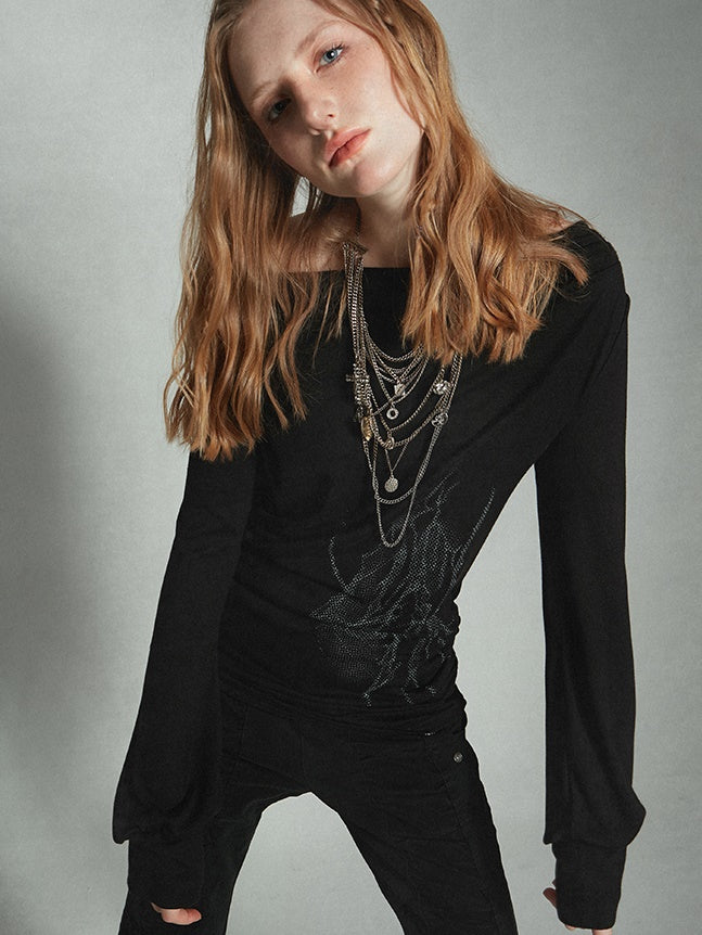 스윙 칼라 프린트 개더 티셔츠