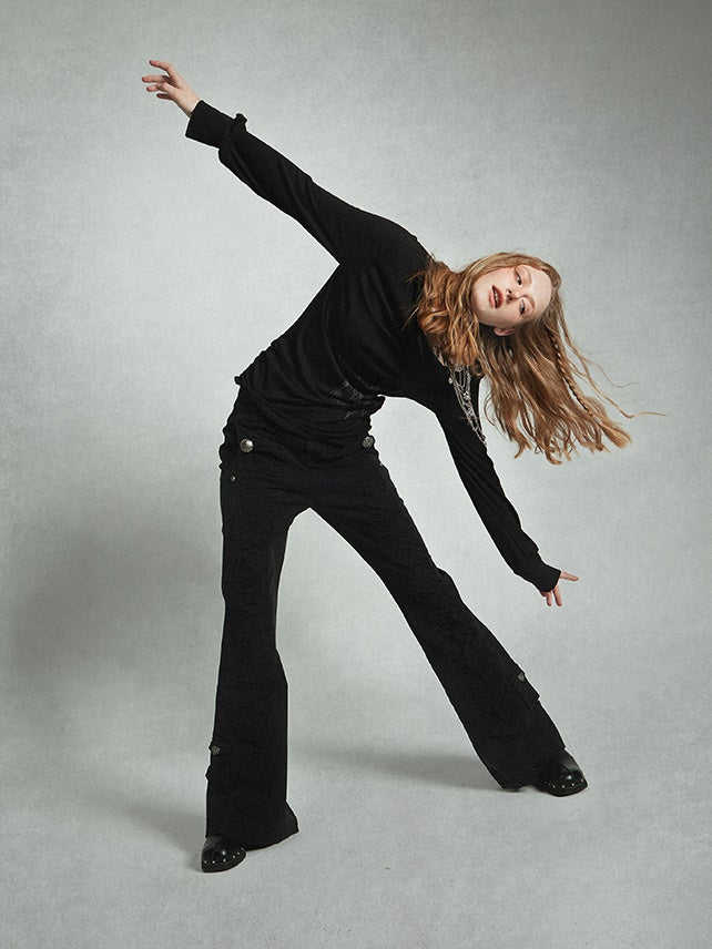 스윙 칼라 프린트 개더 티셔츠