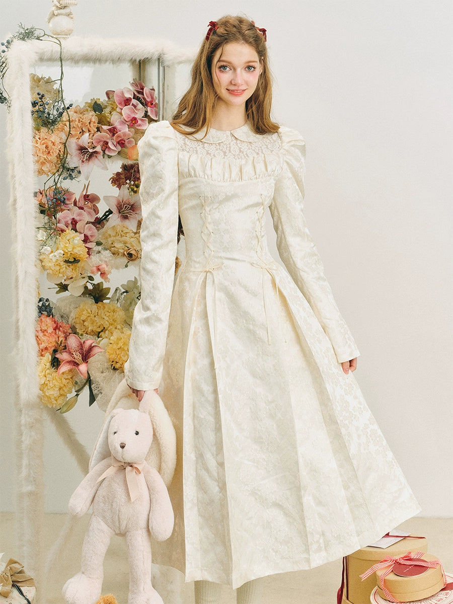 Jacquard Lace-Up Tuck Pleated Dress
