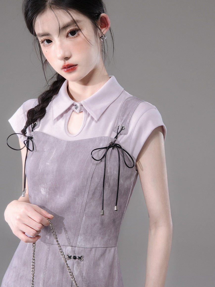 Chinese Style French Sleeve Cutsew & Tie-Dye Printed Suspender One-piece Set-up