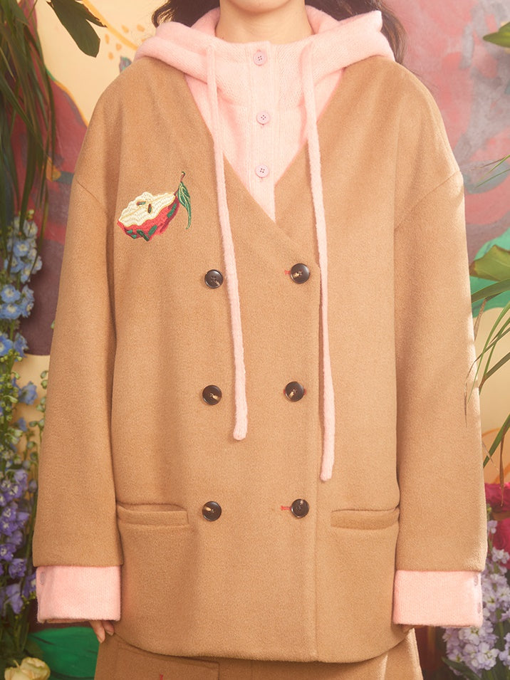 Apple Embroidered Fake Two-piece Patchwork Hooded & A-line Skirt