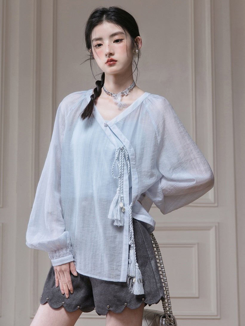 Oblique Placket Tie Sheer Shirt & Camisole Set-up