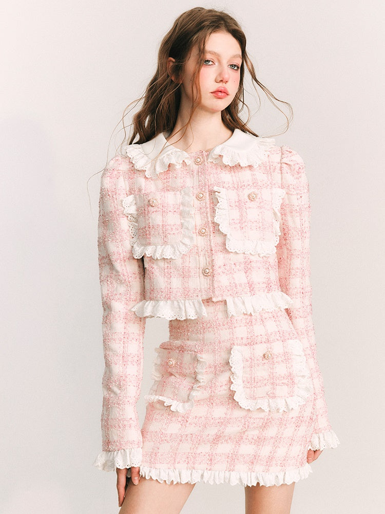 Lace Stitch Check Classical Jacket & Skirt