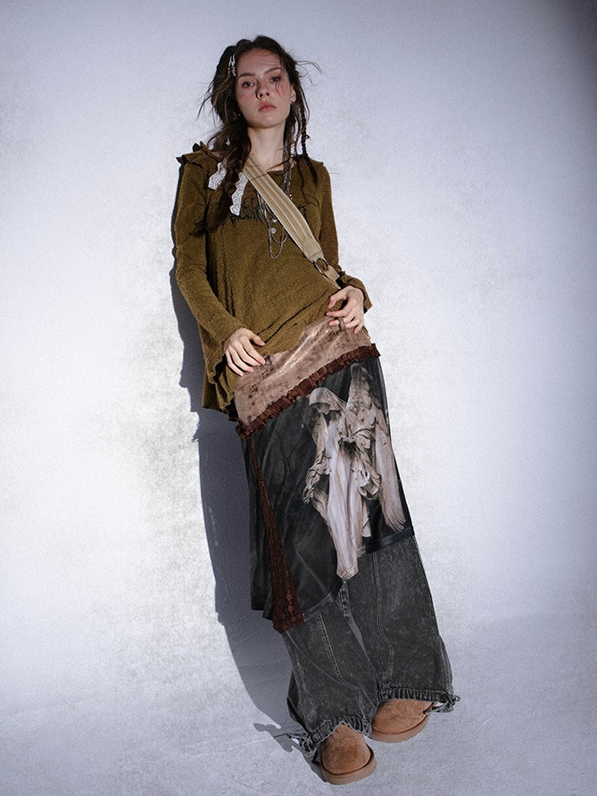 Angel Printed Leather Splicing Mesh Layered Skirt