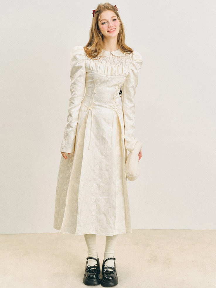 Jacquard Lace-Up Tuck Pleated Dress