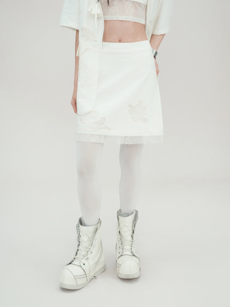 Carved Lace Embroidery Jacket & Camisole & Short Skirt