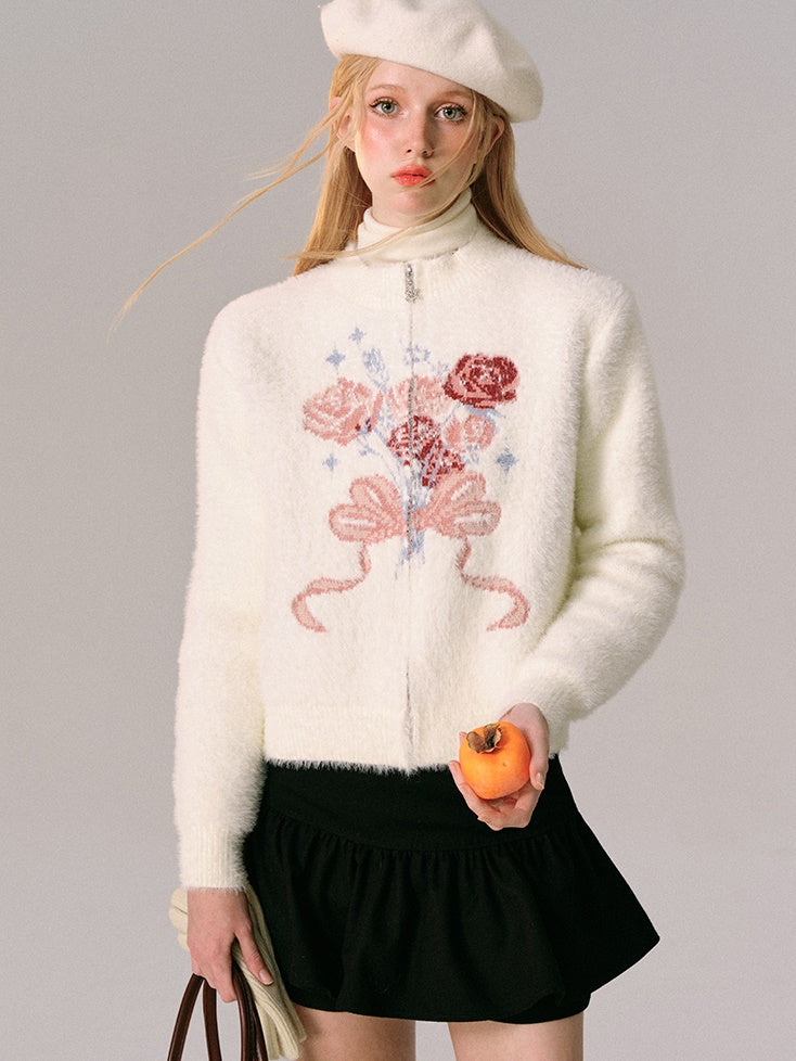 Jacquard Rose Bow Blipper Tripted Cardigan