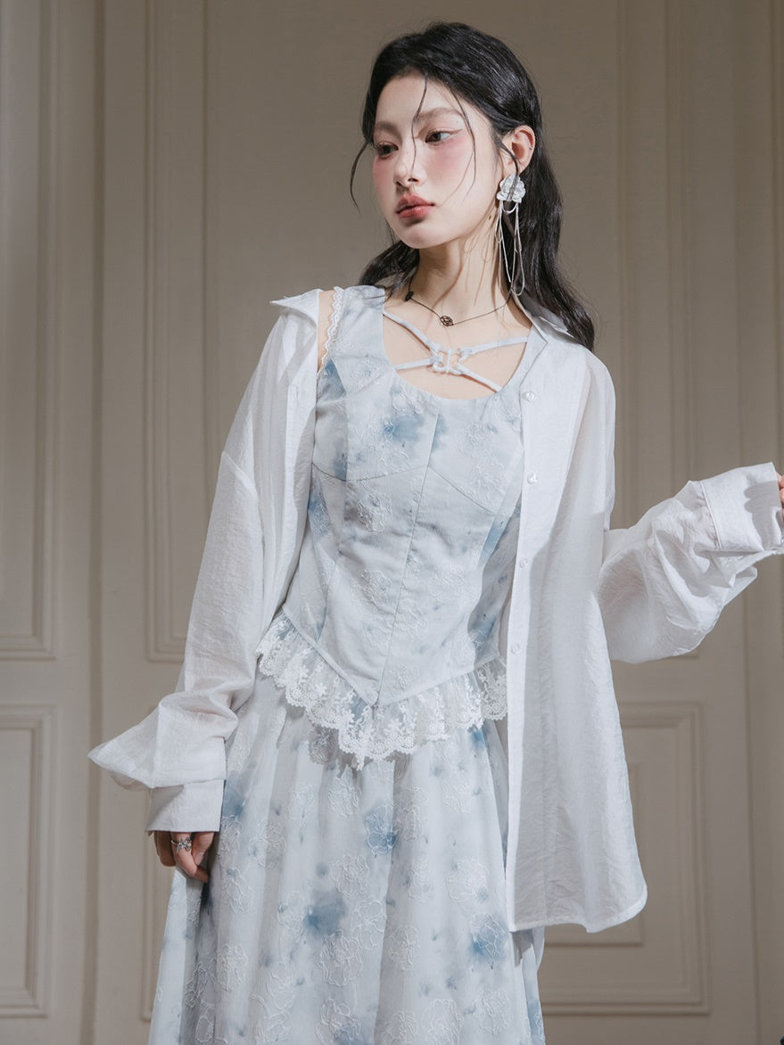Rose Ink Printed Lace Sleeveless Top & Irregular Hem Skirt Set-up