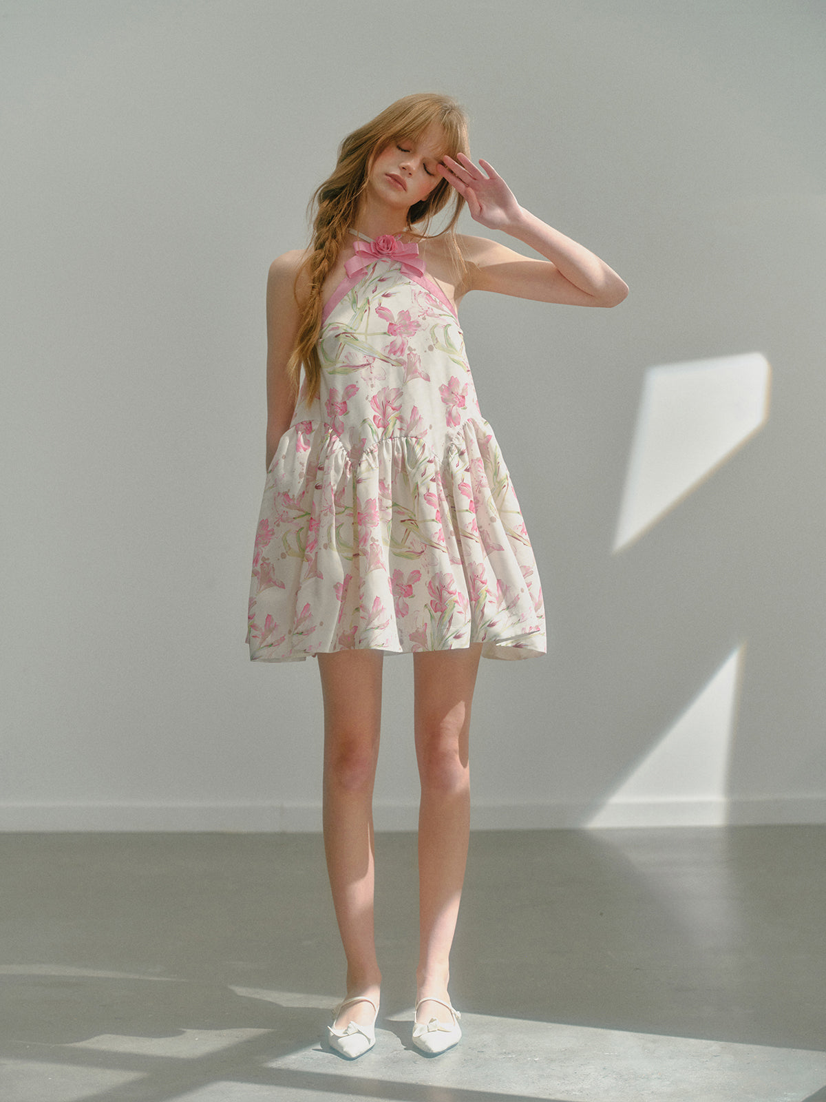 Halter Neck Floral Printed Sweet Bow Puffy Dress