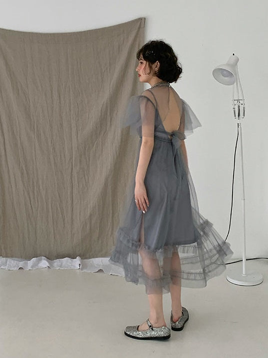 Mesh backless Strap Dress & Fairy Sling Skirt Set-UP