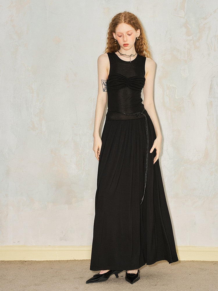 Pleated Draped Sheer Sleeveless Long Dress