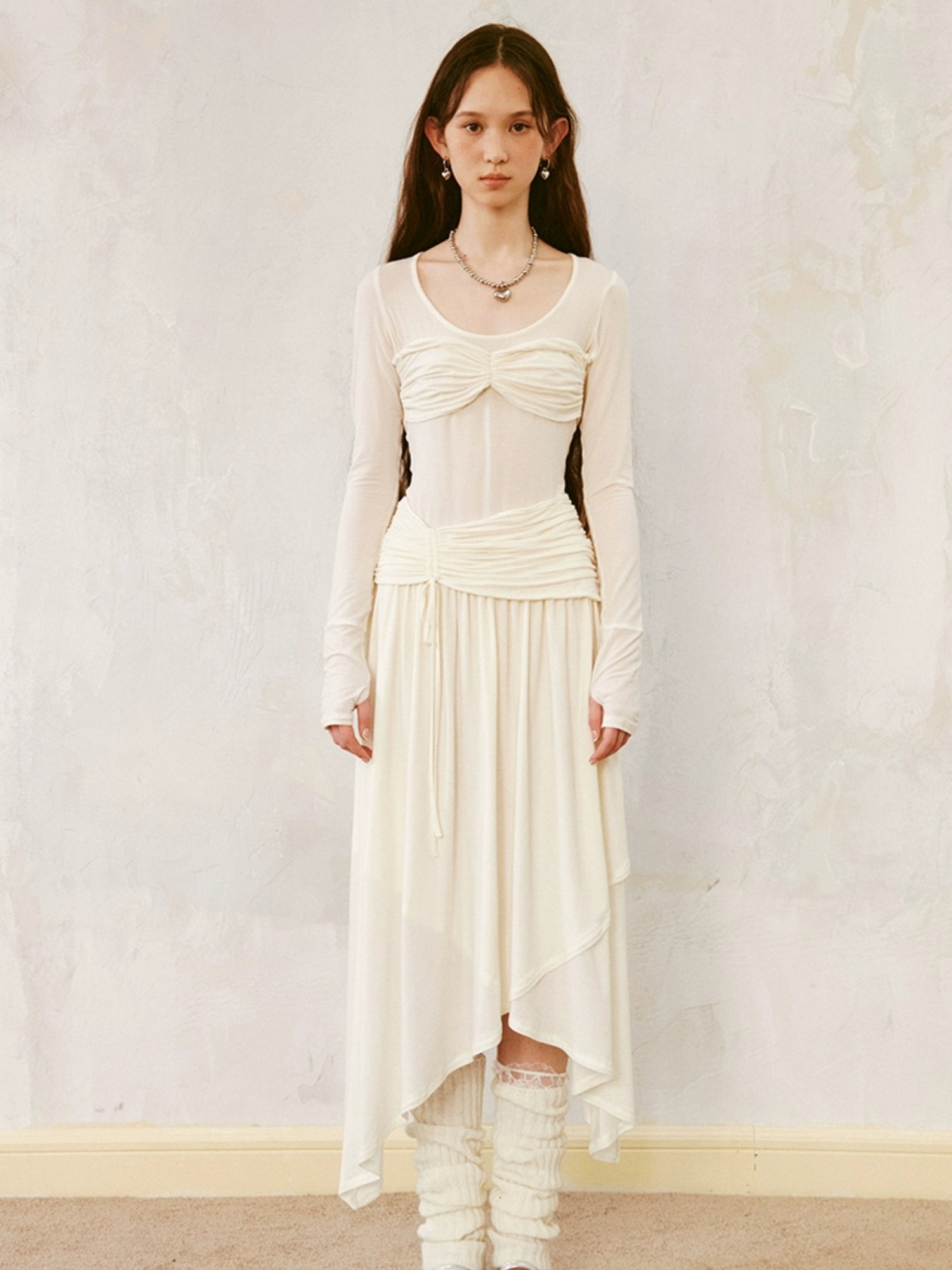 Classic Pleated Stitch Long-sleeved Sheer Dress