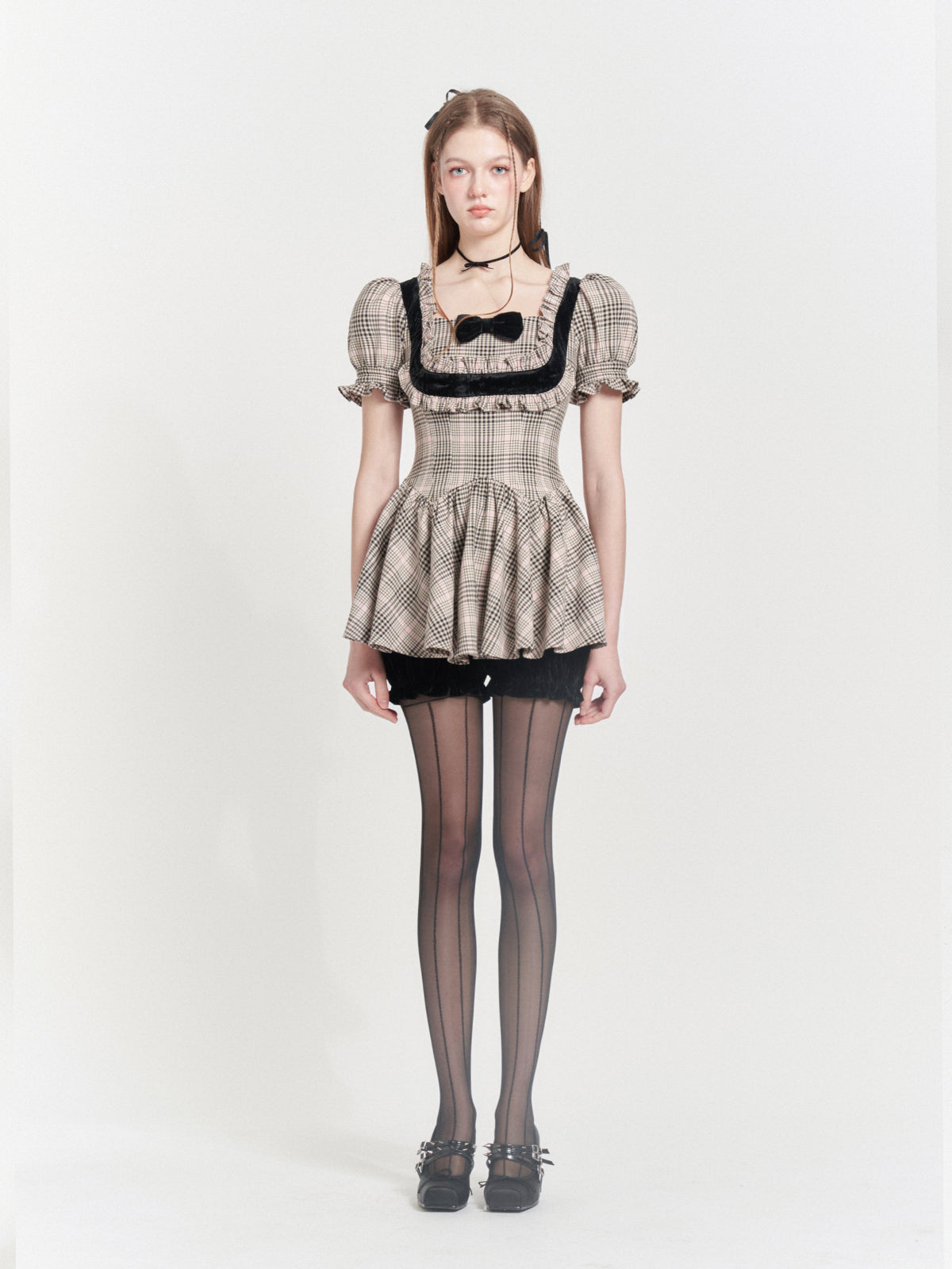 PLAID COLLEGE STYLE LACE SQUARE COLLAR FAKE TWO-PIECE Dress