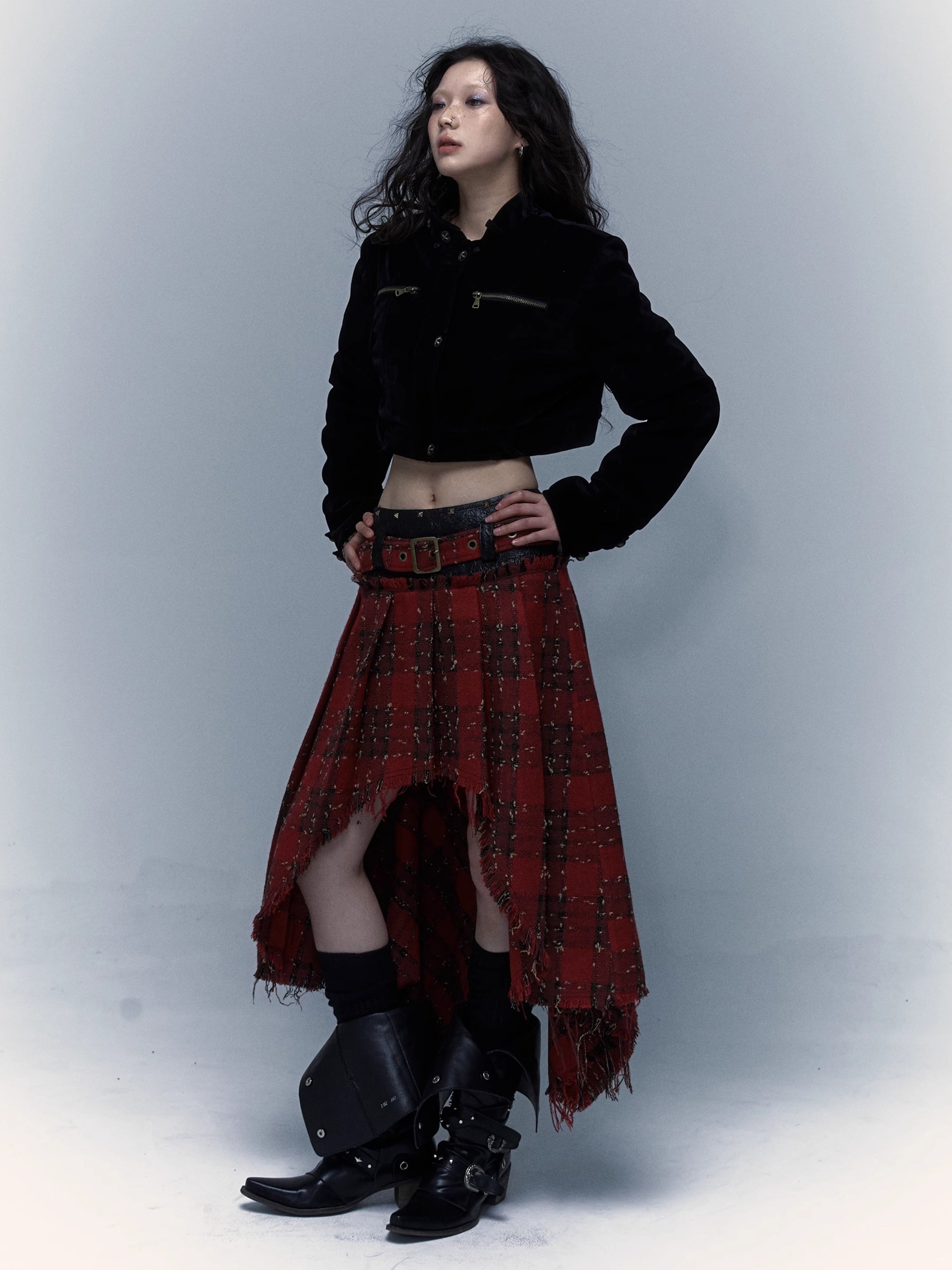 Punk Plaid Stitching Irregular Skirt