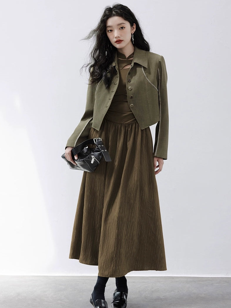 Deconstructed Retro College Style Jacket & Design Pleated Skirt