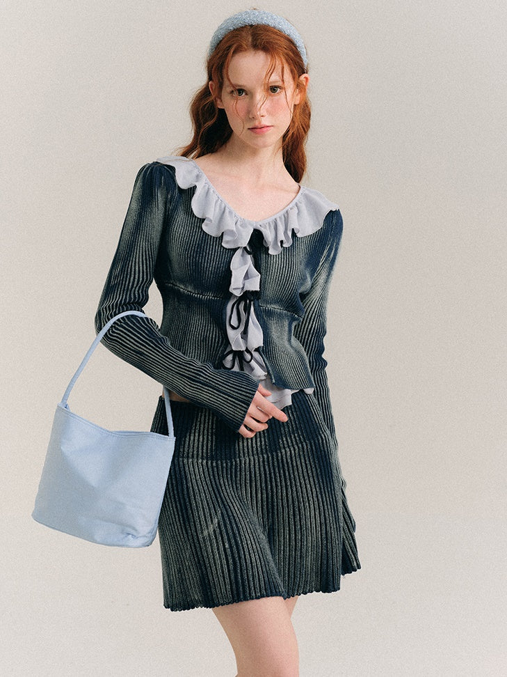 Washed Tie-dye Lace-up Knitted Cardigan & Skirt