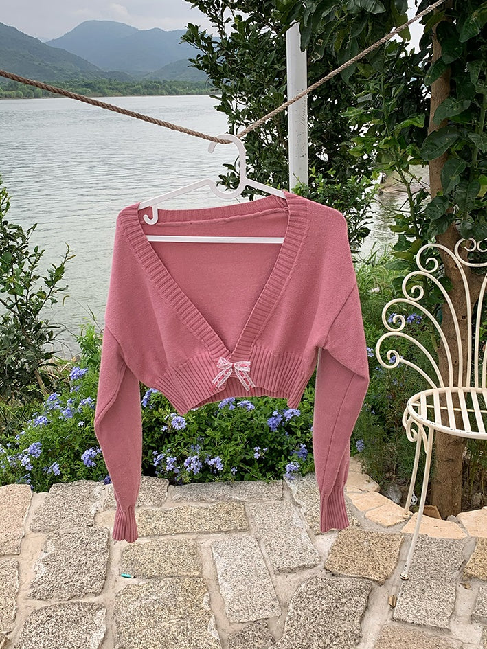 Knitted Cropped V-neck Cardigan & Short Pants