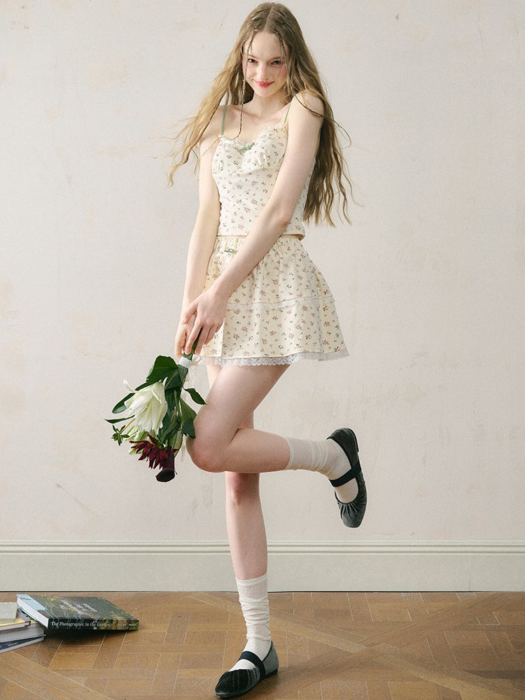 French Floral Girly Camisole & Cropped Cardigan & Skirt