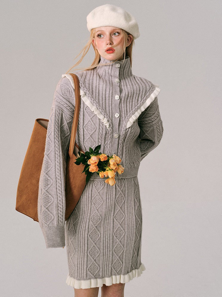 Hoher Hals gehäkelt Holzohr Strickjacke & Rock