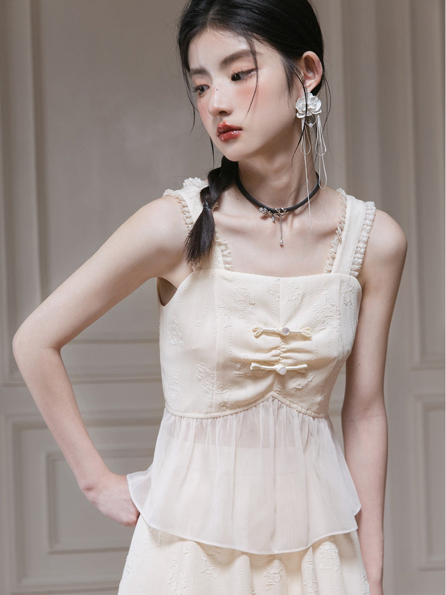 Jacquard Gauze Switching Camisole Top & Ruffle Skirt Set-up