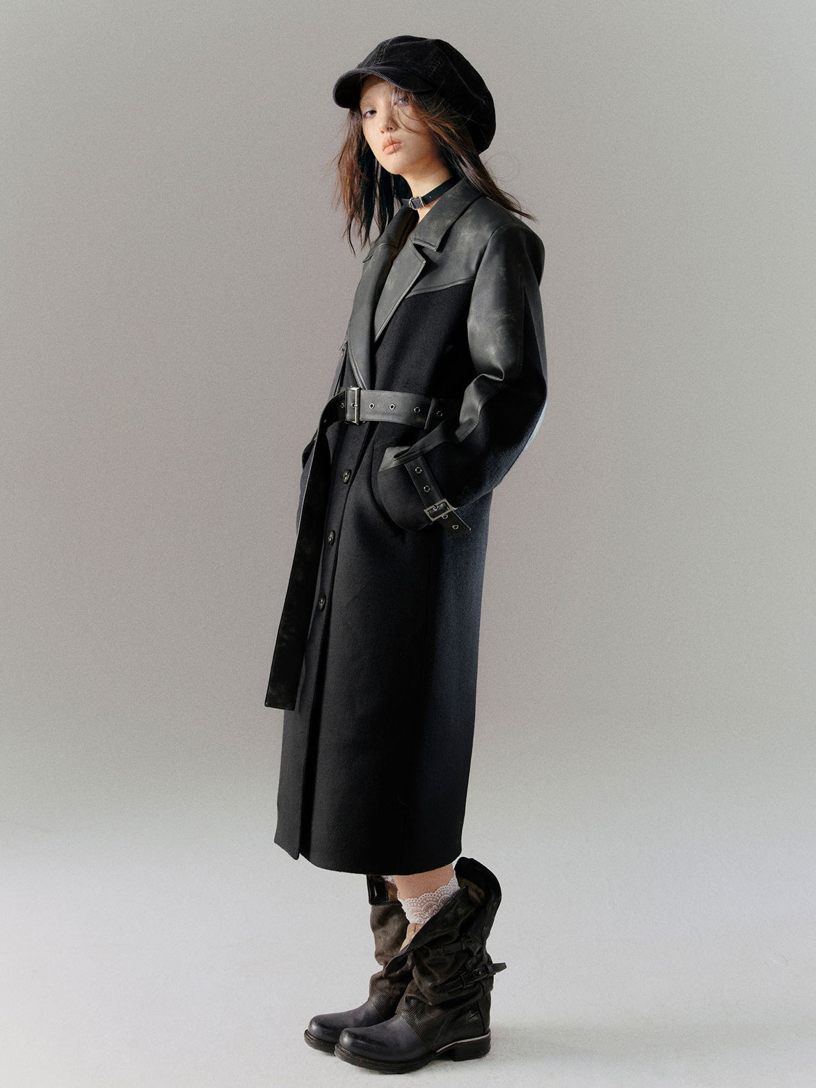 Tie-dye Leather Switching Belted Coat