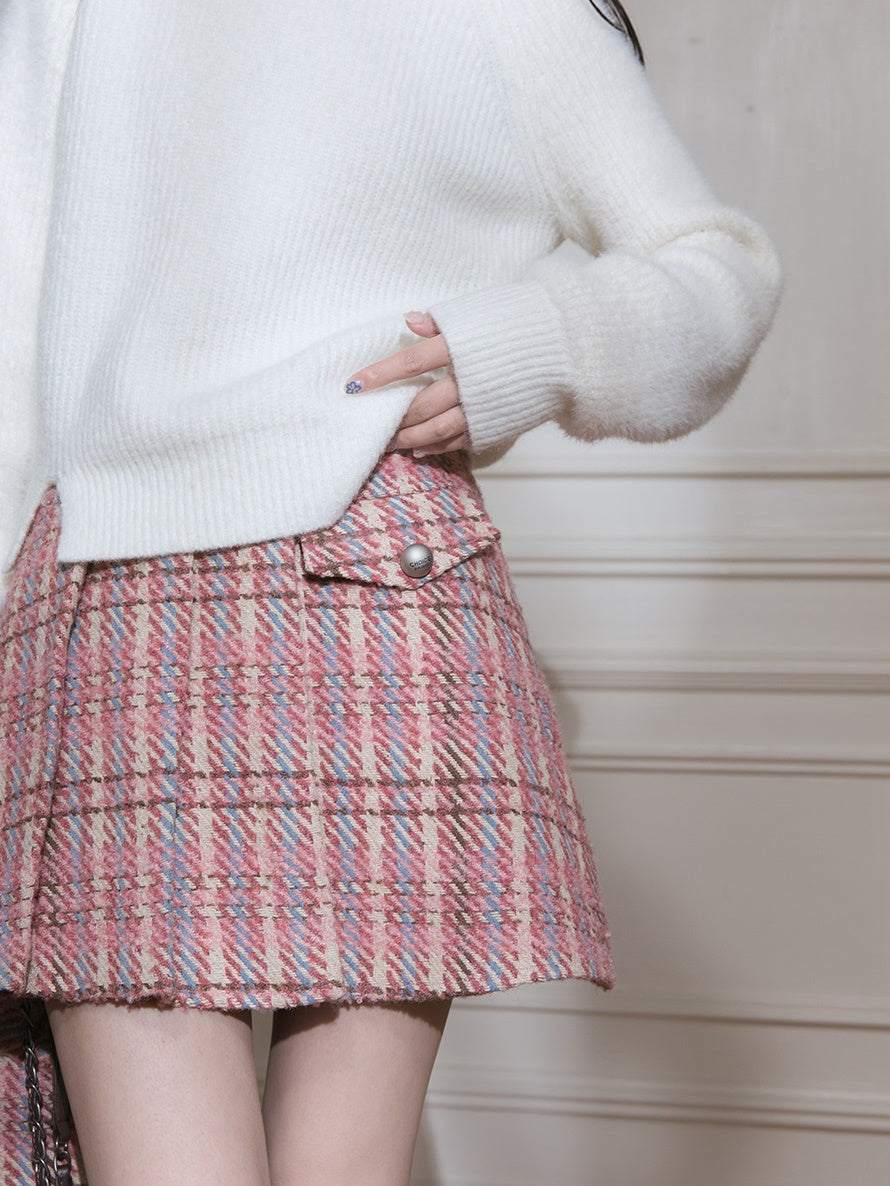 Plaid Tweed Asymmetry Design Jacket & Skirt