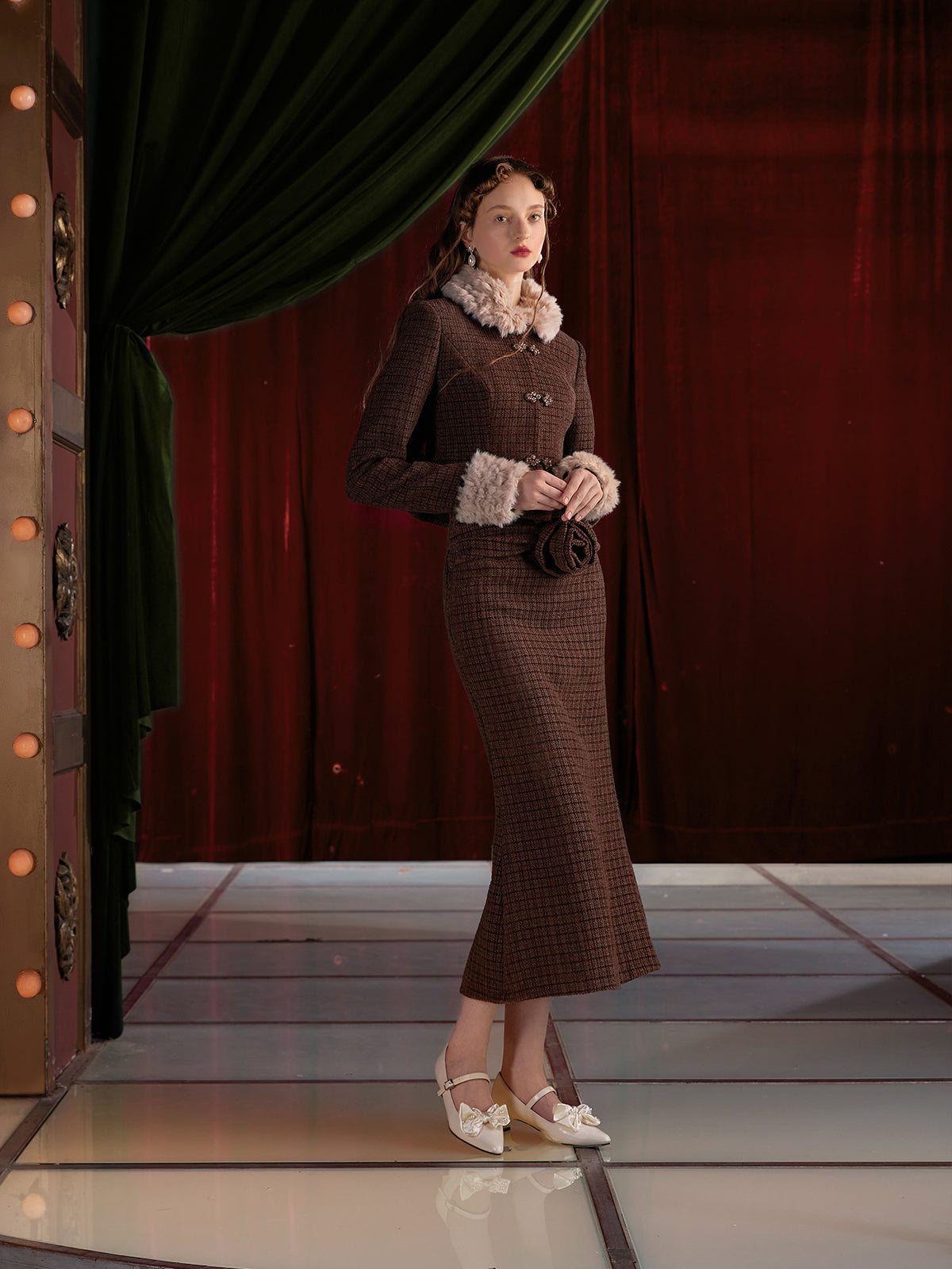 Tweed Style Fur Collar Jacket & Mermaid Skirt