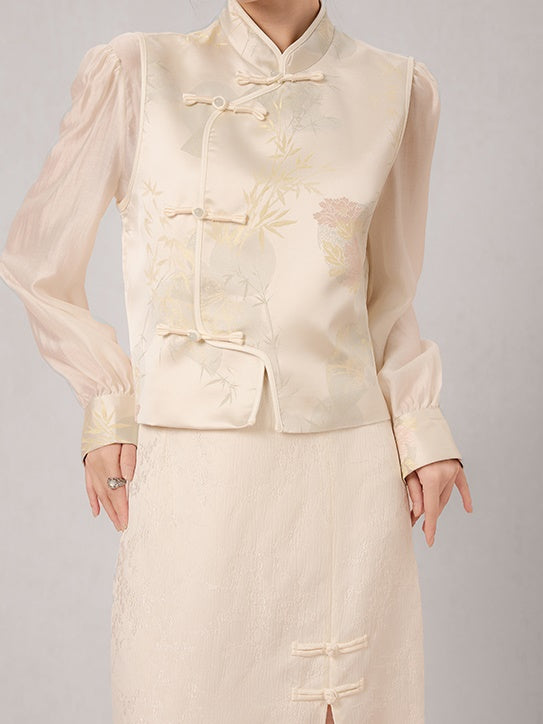 Chinese Style Jacquard Stand Collar Vest & Sheer Top Set-up