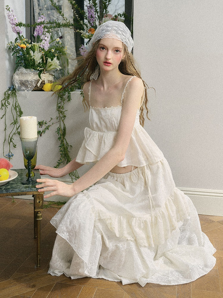 Embroidered Jacquard Ruffled Sling & Asymmetry Skirt