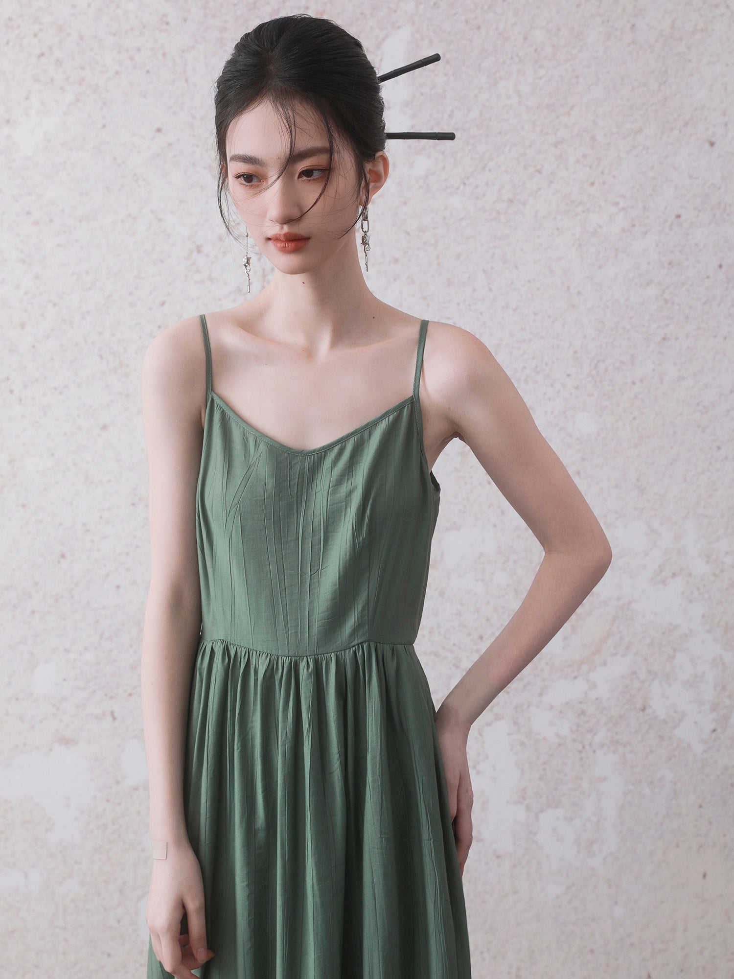 Chinese Style Bamboo Leaf Print Long Shirt & Camisole One-piece Set-up