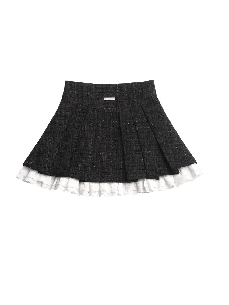Tweed Stand-Collar Cropped Jacket & Lace Stitch Short Pleated Skirt