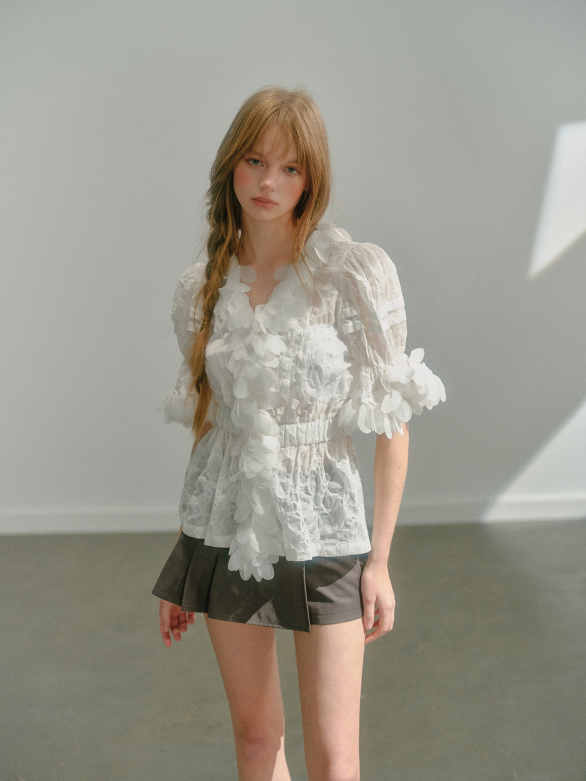 Fish Scale Lace Jacquard Puff Sleeve Short-sleeved Shirt