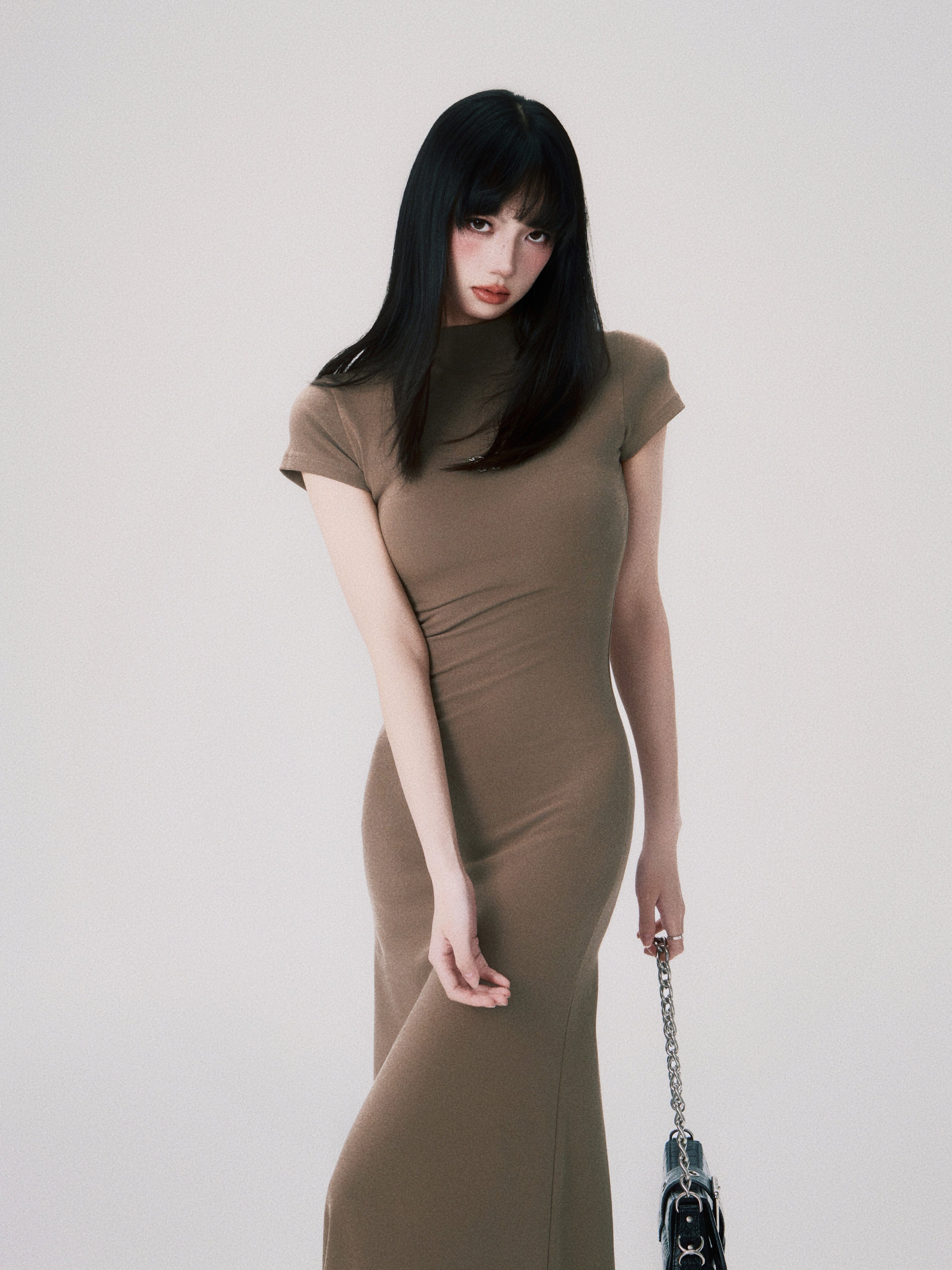 Bottle-neck Short-sleeved Slim Long Dress