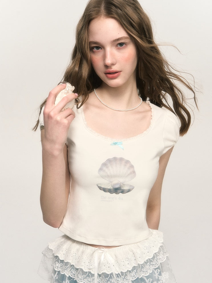 Shell Letter Print Puff Sleeve T-shirt