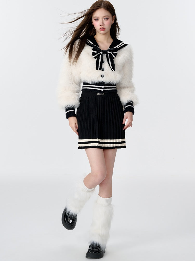 Navy Collar Imitation Fur Short Jacket