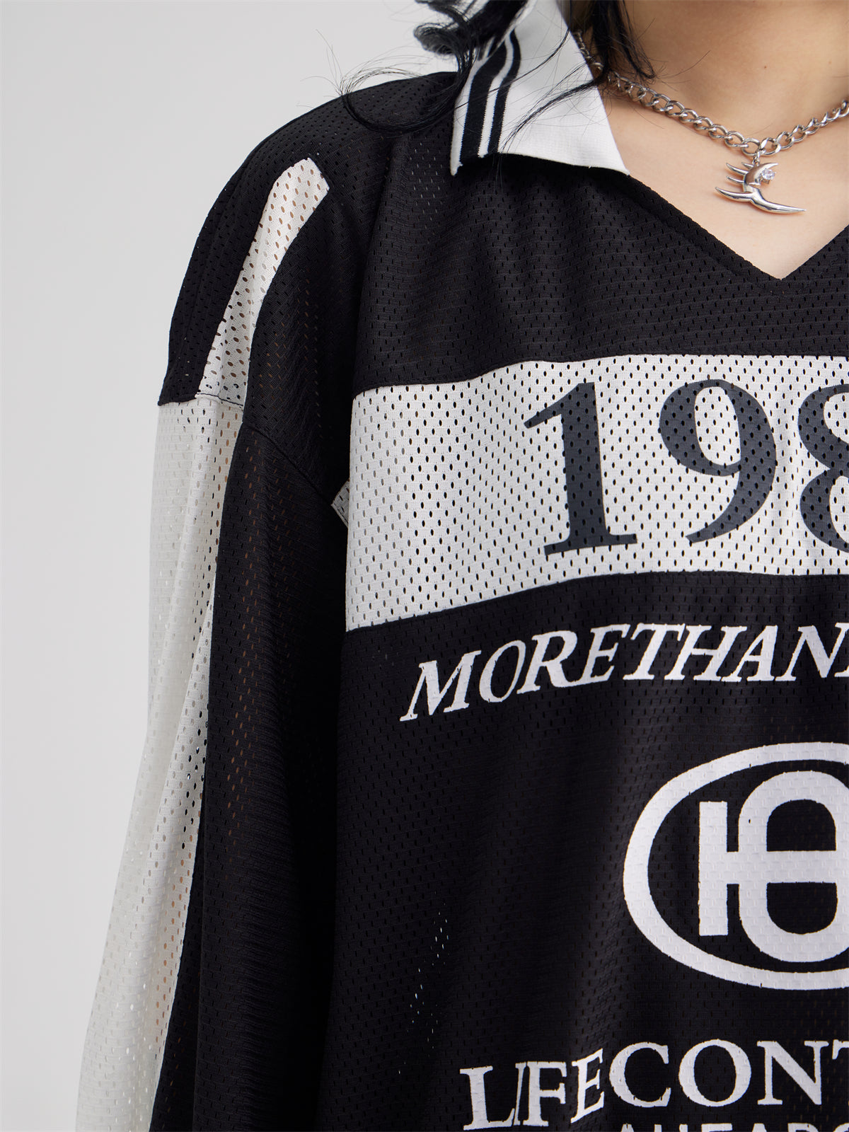 Polo Collar Mesh Print Long-sleeved T-shirt
