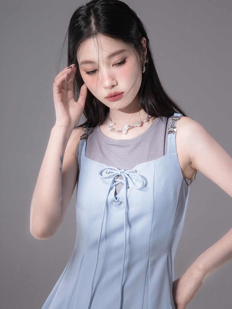 Rope Ribbon Suspender Long Skirt & Short Tank Top Set-up