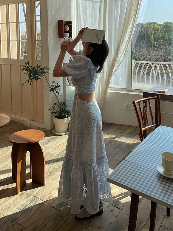 Hollow Lace Puff Sleeves Waistless Dress