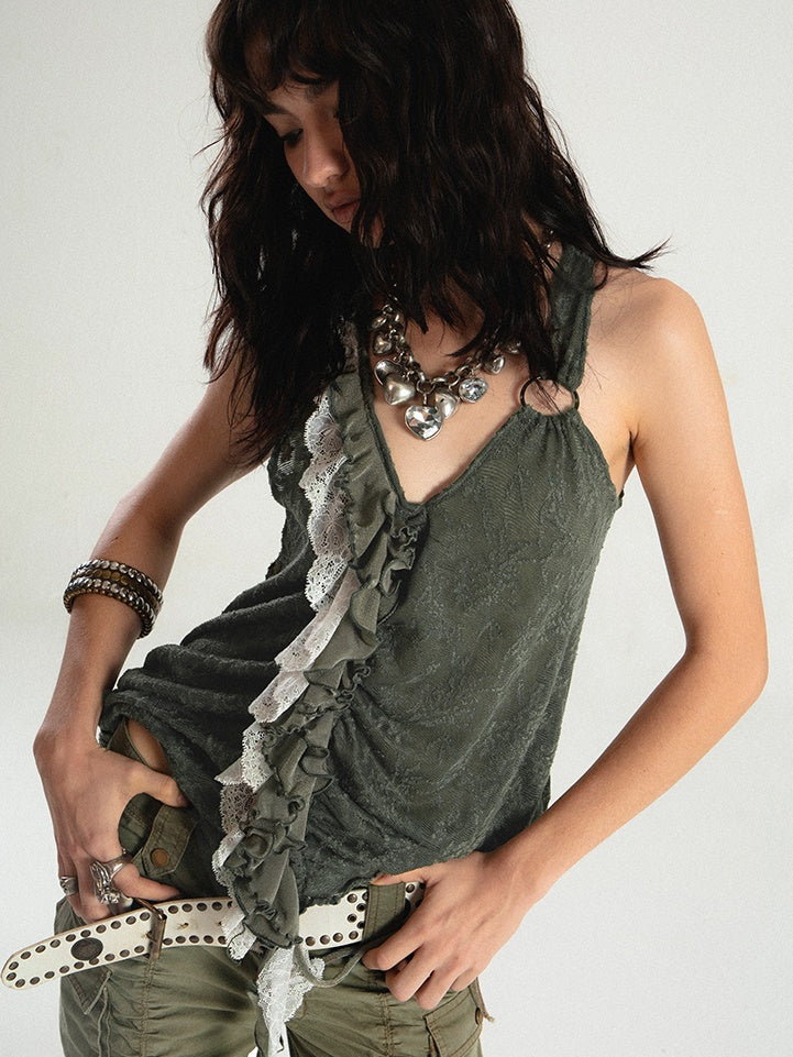 Splicing Ruffle Lace Dark Jacquard Camisole